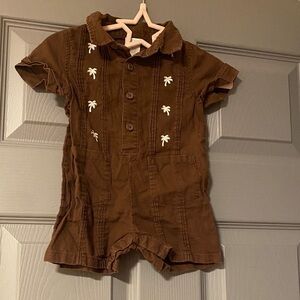Brown Romper with Palm Tree Embroidery Linen Cotton blend Gymboree 3-6 months